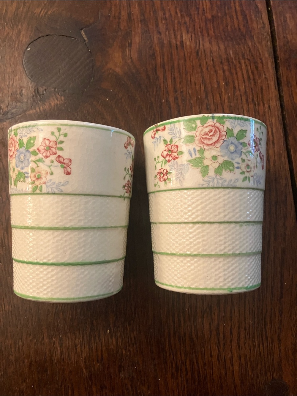 Vintage Japanese cups. Early 20th C. Floral Band Textured Ceramic.